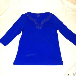 Talbots Petite Royal Blue Top with Detailed Neckline Size SP 100% Cotton